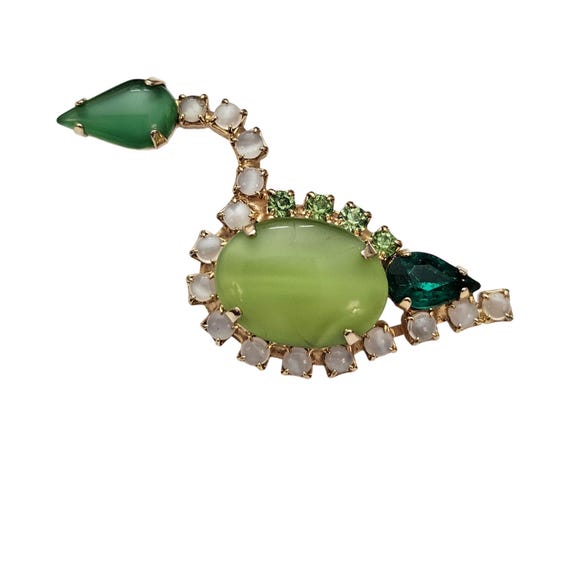 Green UV Rhinestone Swan Brooch Oval Cabochon Pin C767