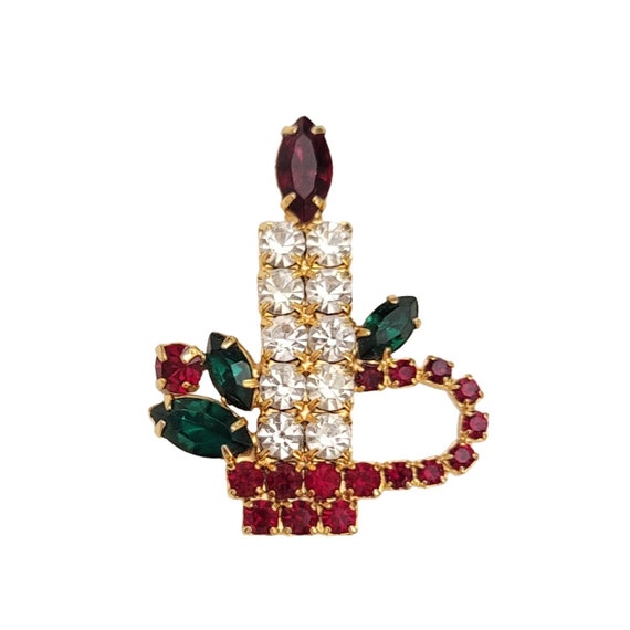 Prong Set Christmas Red Clear Green Rhinestone Candle Pin E153