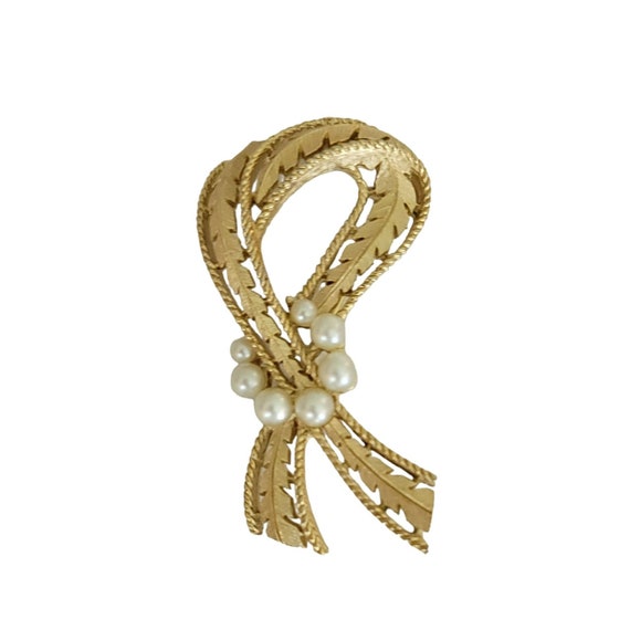 Trifari Crown Over T Gold Tone Faux Pearl Ribbon Leaf Design Brooch, Signed K48