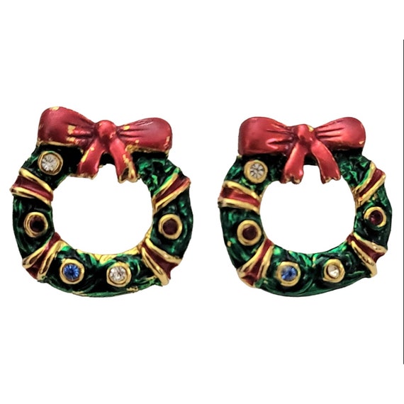 SFJ Red Green Enamel Rhinestone Christmas Wreath Clip On Earrings, Signed K629