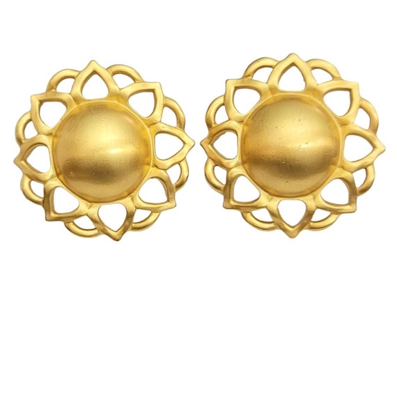 Gold Tone Matte Finish Domed Sunburst Cut Edge Clip-On Earrings, M254