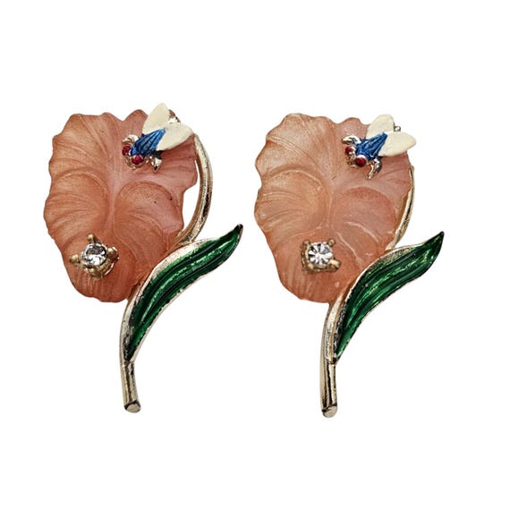 Pink Lucite Flower Pins With Rhinestone Enamel, Fly, Bug Matching Set