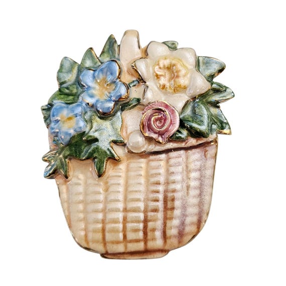 Glazed Ceramic Flower Basket Brooch C960