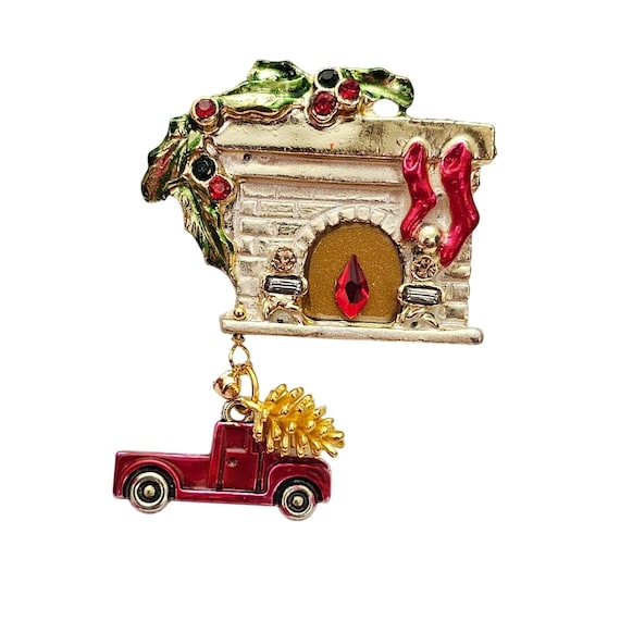 Vintage Fireplace Christmas Brooch Rhinestone Truck Pinecone Dangle Charms J952