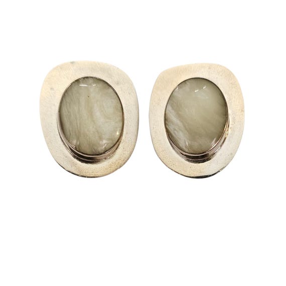 Sterling Silver Oval Pearly Lucite Bezel Set Clip On Earrings 925 Mexico