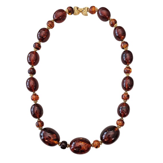 Trifari Crown Over T Faux Amber Bead Necklace, Signed 24"Long