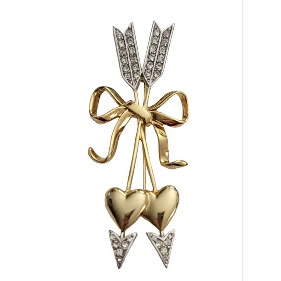 Joan Rivers Gold Tone Clear Rhinestone Cupid Arrows Heart Brooch, Signed M945