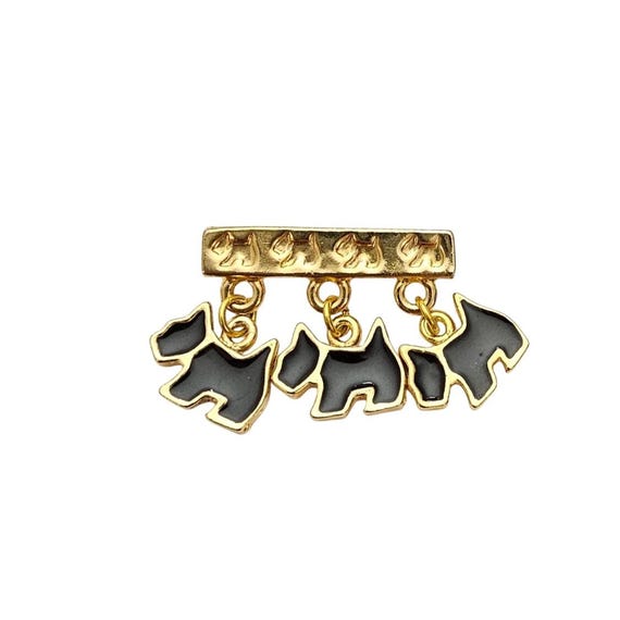 Agatha Paris Scottie Dog Charm Bar Brooch Black Enamel Gold Tone Pin Signed J568