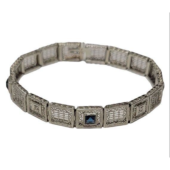 14k White Gold Art Deco Diamond & Blue Glass Tongue Clasp Bracelet, 7.25"