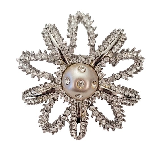 St. John Silver Tone Clear Rhinestone Faux Pearl Flower Trembler Brooch, Signed E462