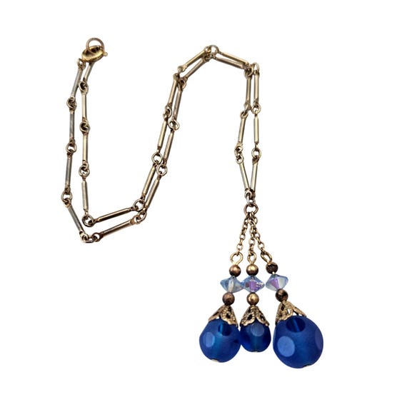 Blue Faceted Frosted Glass Bead Tassel Gold Tone Bar Link Chain J549