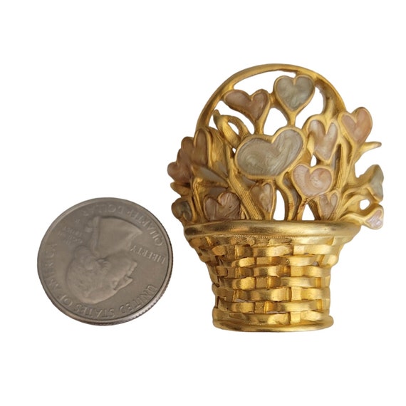 Gold Tone Enamel Basket Of Heart Flowers Brooch P… - image 5
