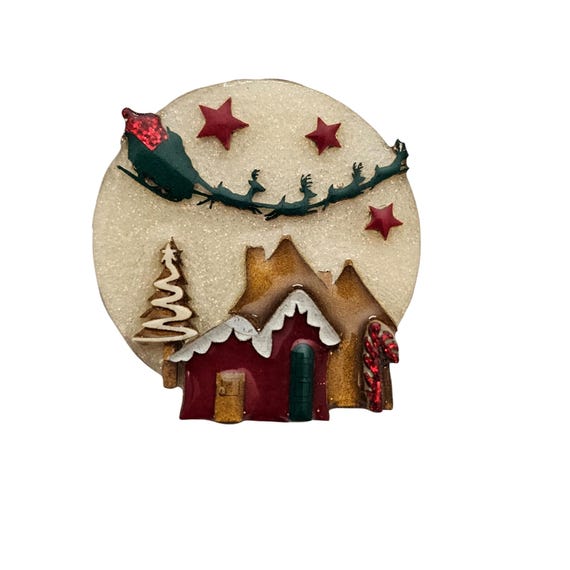 Lucinda Round Christmas House Santa Reindeer Pin