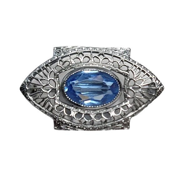 Silver-Tone Art Deco Blue Glass Open Back Filigree Bar Pin