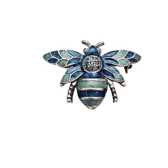 1928 Brand Blue Rhinestone Fly Bug Brooch, Enamel Winged Insect Pin C904
