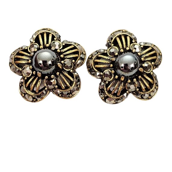 Weiss Gold Tone Marcasite Flower Clip On Earrings, Signed L306