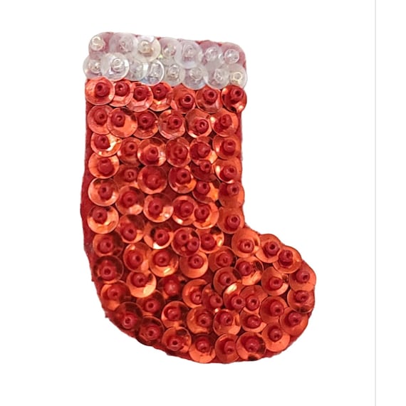 Red Sequin Clear Glass Bead Felt Back Christmas Stocking Pin K660