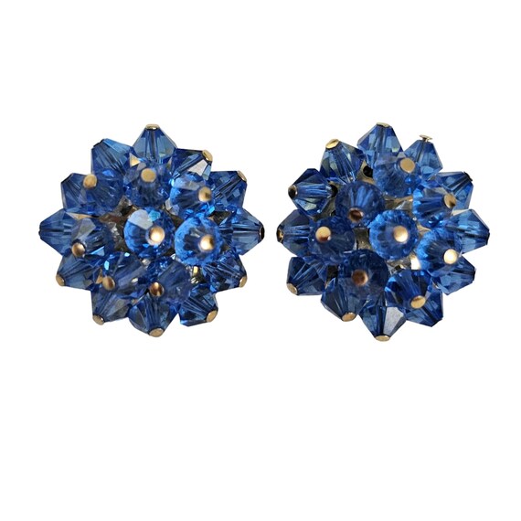 Laguna Blue Glass Bead Cluster Round Clip On Earrings, Signed L92