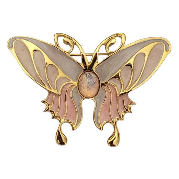 Gold Tone Pearly Pink Grey Dragon Breath Cabochon Butterfly Brooch Pin K653