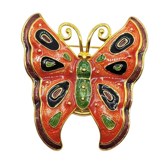Bob Mackie Goldtone Orange Green Enamel Butterfly Brooch, Scarf Clip