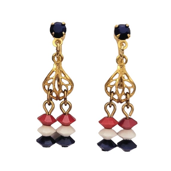Gold Tone Patriotic Red White Blue Glass Bead Dangle Clip-On Earrings E252