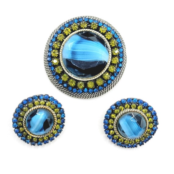 HAR Silvertone Blue, Green Rhinestone Art Glass Brooch, Ear Clips Set