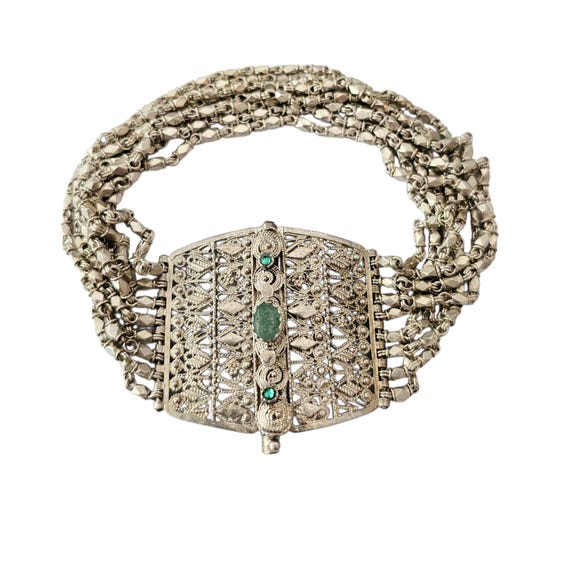 830 Silver Vintage Spun Silver Slide, Green Stone Multi Chain Bracelet