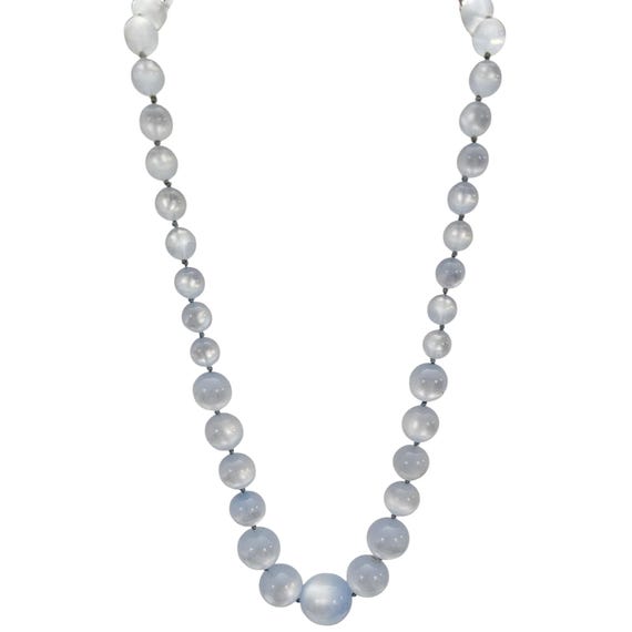 Blue Lucite Moonstone Knotted Bead Necklace Graduated Size Tongue Ball Clasp L884