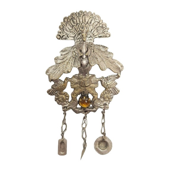 Antique Silver Plated Yellow Glass Cabochon Peruvian Peacock Mantu Shawl Pin