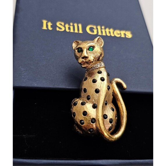 Panetta Black Rhinestone Leopard Spotted Cat Brooch Green Eye Pin