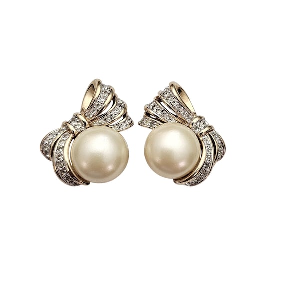 Panetta Clip-On Faux Pearl Clear Rhinestone Bow Earrings Signed, J587