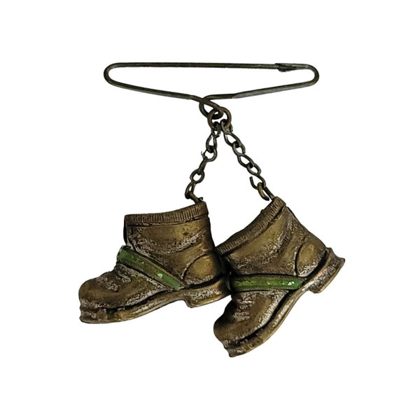 Vintage Green Enamel Brass Pair Of Boots Shoe Charm Bar Pin K29