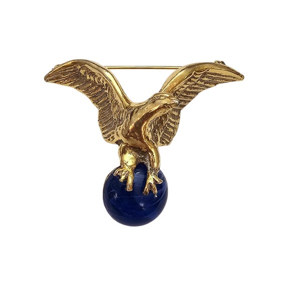 Gold Tone Eagle Brooch On Round Blue Flawed Glass Cab Pin C787