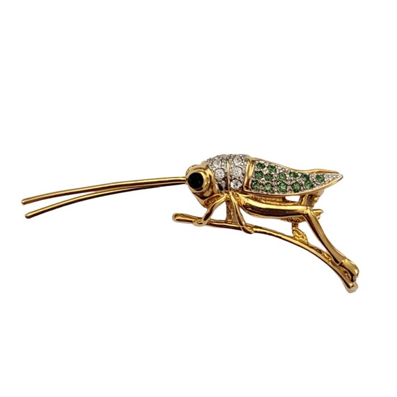 Butler Gold Tone Clear Green Rhinestone Grasshopper, Cricket Pin Brooch, Signed K563