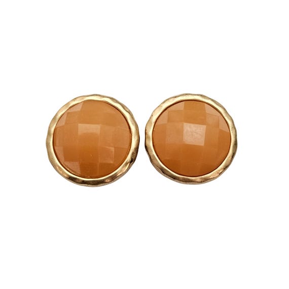 Matte Gold Tone Clip On Beach Beige Faceted Round Lucite Earrings J767