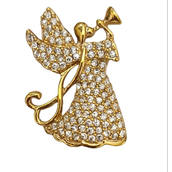 Monet Gold Tone Clear Rhinestone Angel Brooch Pin, Signed K442