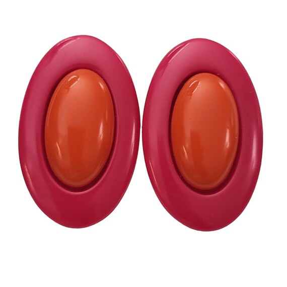 Pink Orange Plastic Lucite Oval Funky 80’ Style Clip-On Earrings K445
