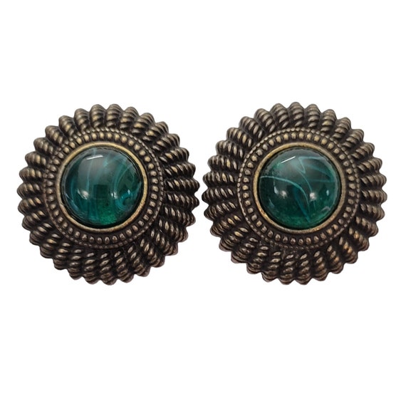 Ben Amun Flawed Emerald Green Glass Cab Clip-On Earrings, Signed E639