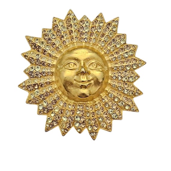 Karl Lagerfeld Vintage Sun Face Brooch Rhinestone Pin Pendant, Signed E892