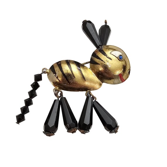 Glass Black Bead Articulated Cat Brooch 1940’s-50’s Animal Pin J459