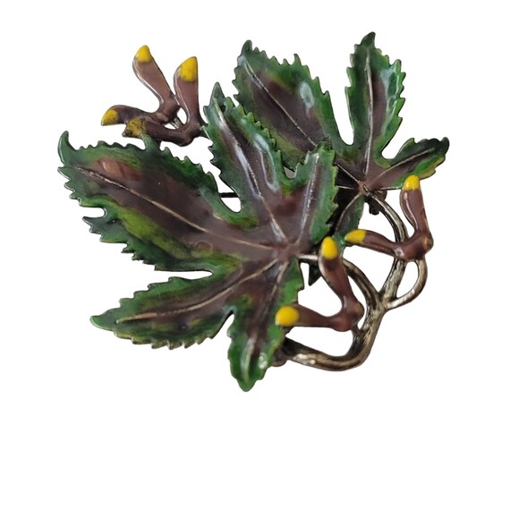 Vintage Green Brown Enamel Sycamore Maple Leaf, Seed Brooch Pin E639