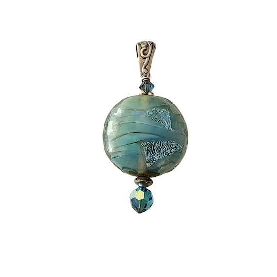 Sterling Silver Round Blue Foil Art Glass Pendant J328