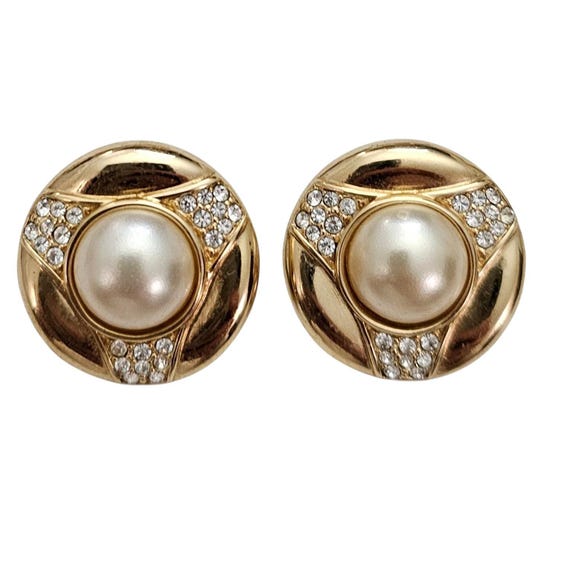 D.S.Co. Daniel Swarovski Clip Earrings Clear Crystal Gold Tone Faux Pearl Signed