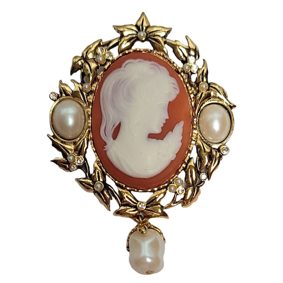 Kenneth Jay Lane For Avon Resin Cameo And Faux Pearl Dangle Brooch Pendant, Signed