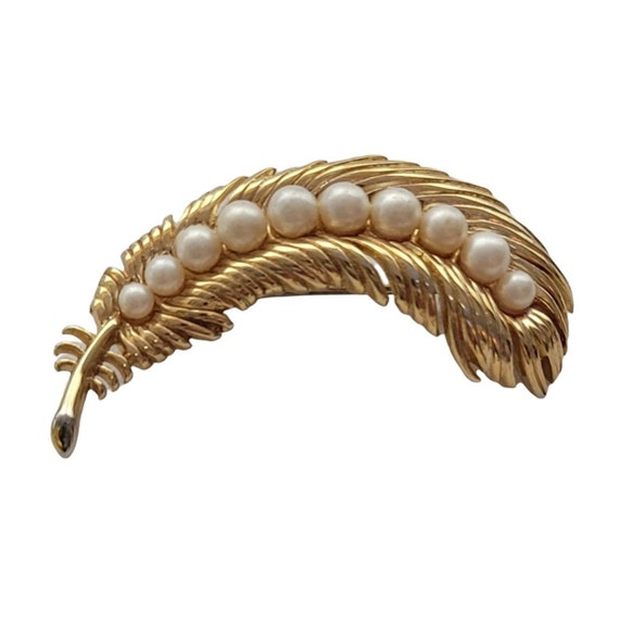 Trifari Crown Over T Vintage Gold-Tone Faux Pearl Feather Brooch, Signed