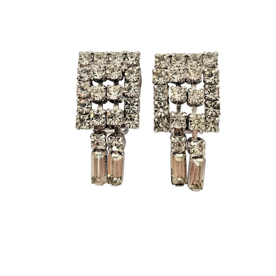 Silver Tone Clear Rhinestone Square Clip On Waterfall Style Dangle Earring C763