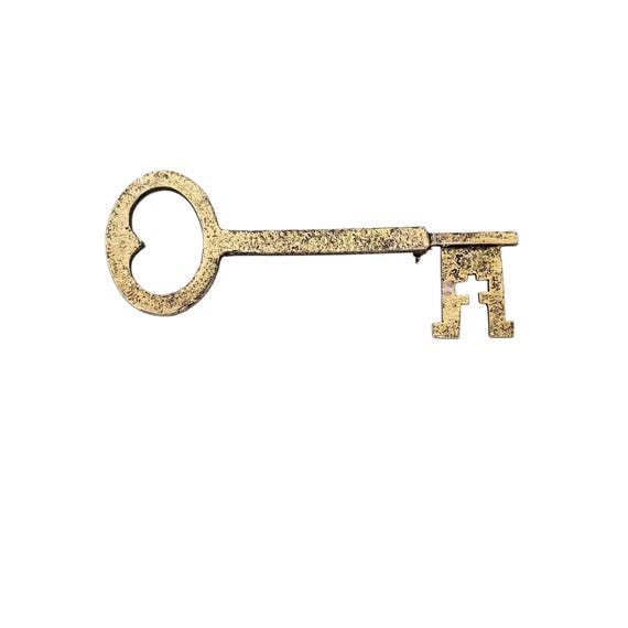MR. WE Skeleton Key Brooch Gold Tone Pin, Signed