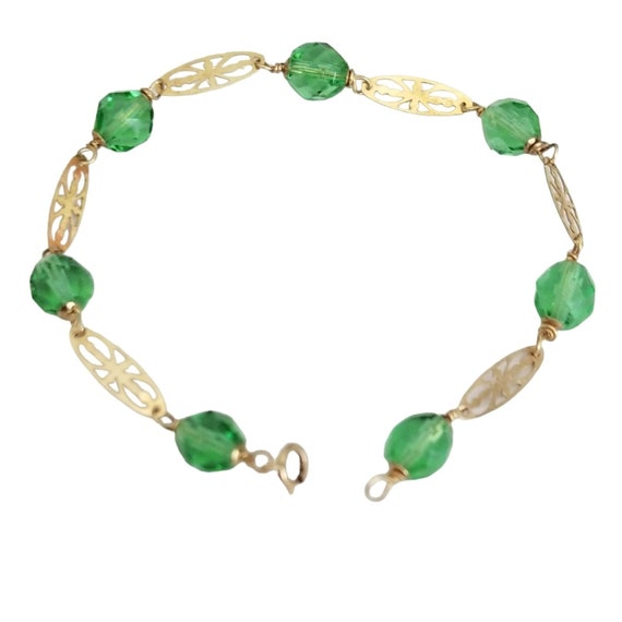 14k Yellow Gold Green Crystal Beads Bracelet, 7.75" Long M169