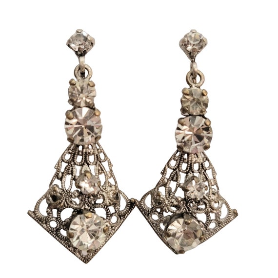 Silver Tone Vintage Filigree Arrow Scroll Clear Prong Set Rhinestone Clip On Earrings Czech Style E936