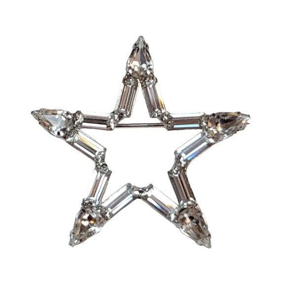 B. David Clear Prong Set Baguette Rhinestones Star Brooch Pin, Signed K988
